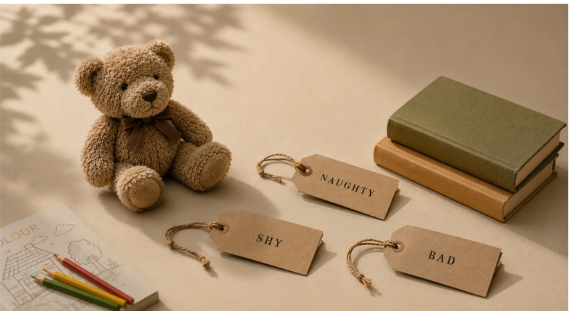 A soft teddy bear beside kraft paper tags reading NAUGHTY, SHY and BAD, with children's books and colouring pencils on a warm beige surface.