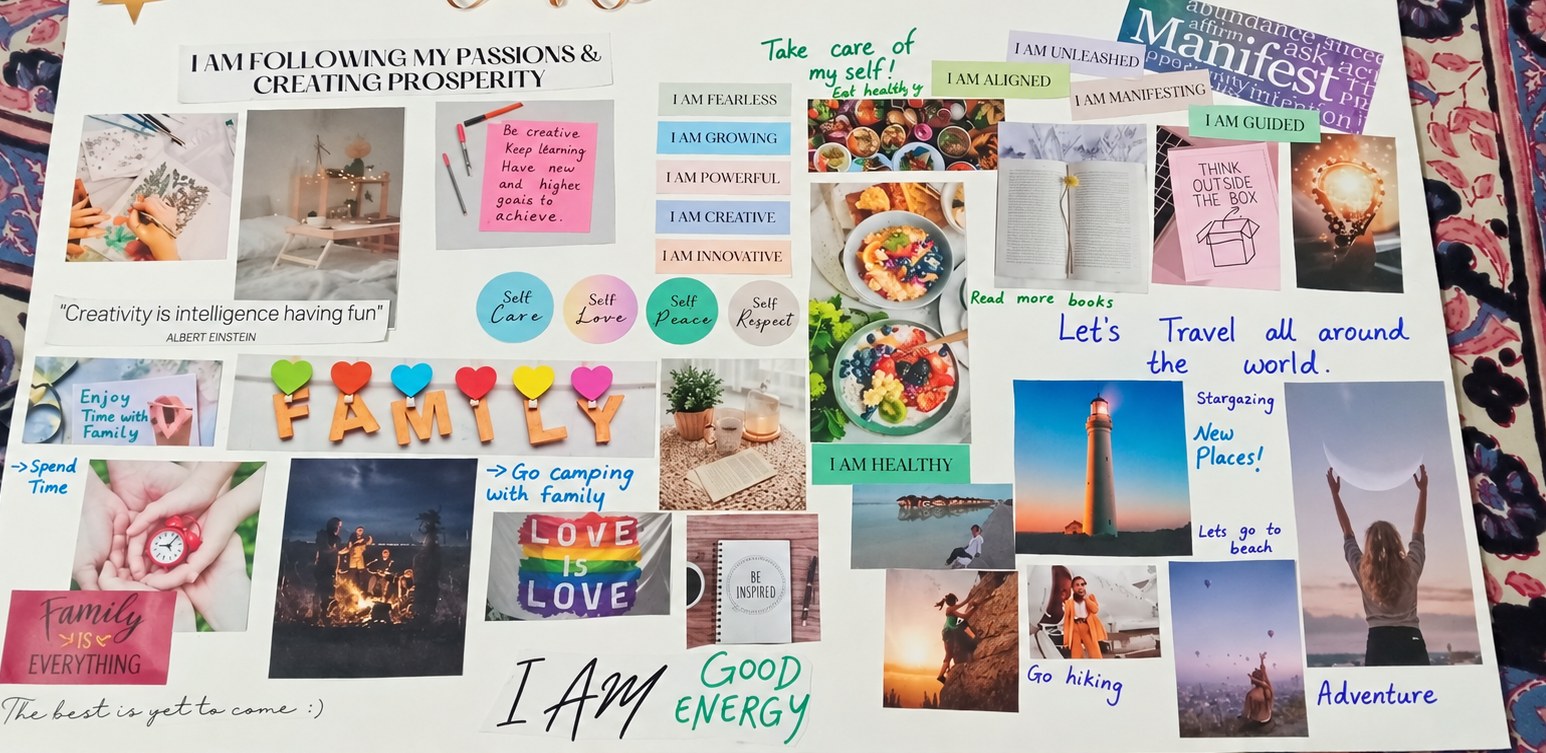 Anonymised coaching vision board exploring strengths, interests and goals.
