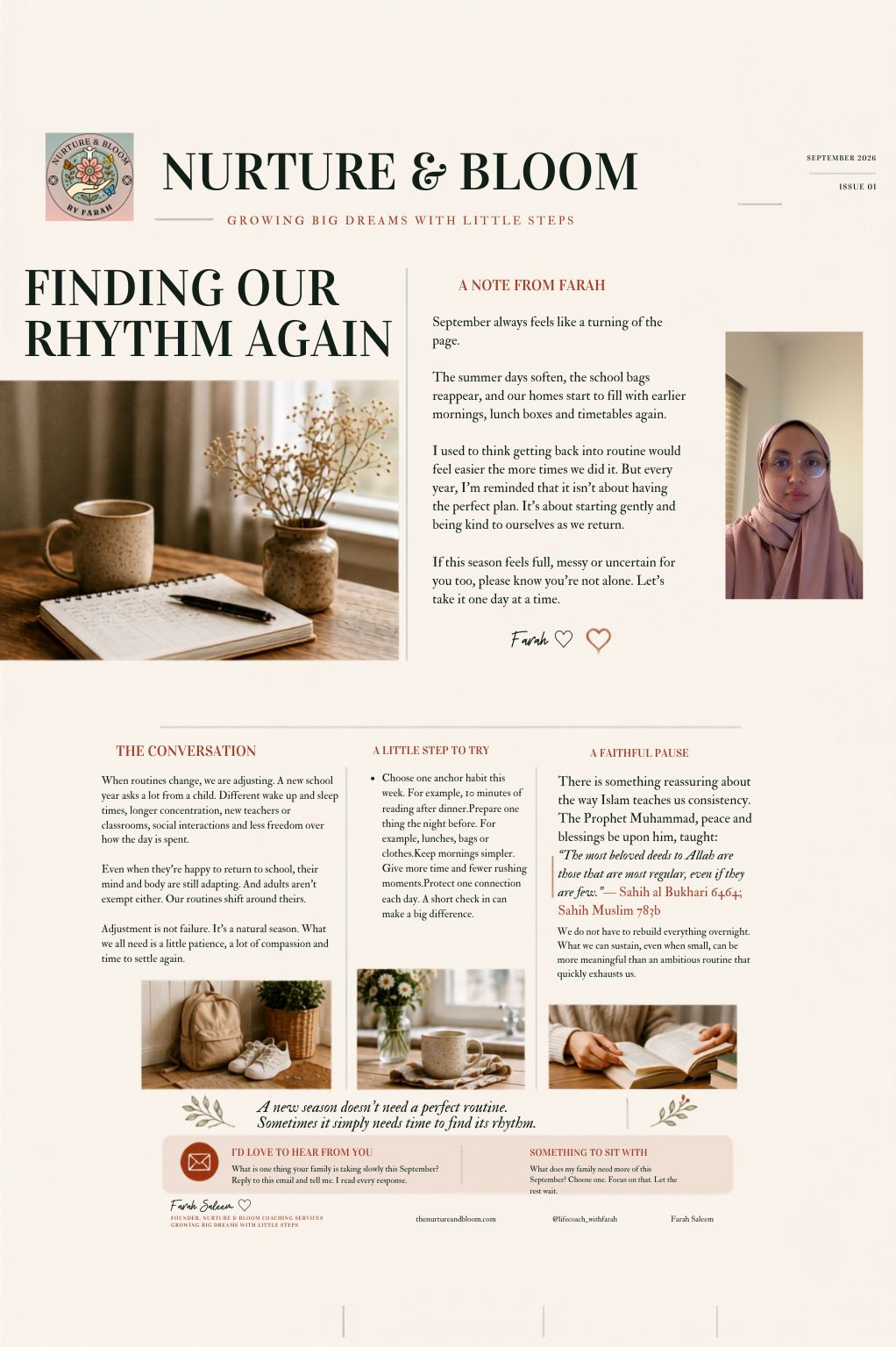 Nurture & Bloom newsletter, September 2026, Issue 01: Finding Our Rhythm Again. A notebook and mug on a wooden table beside a window, with a portrait of Farah.