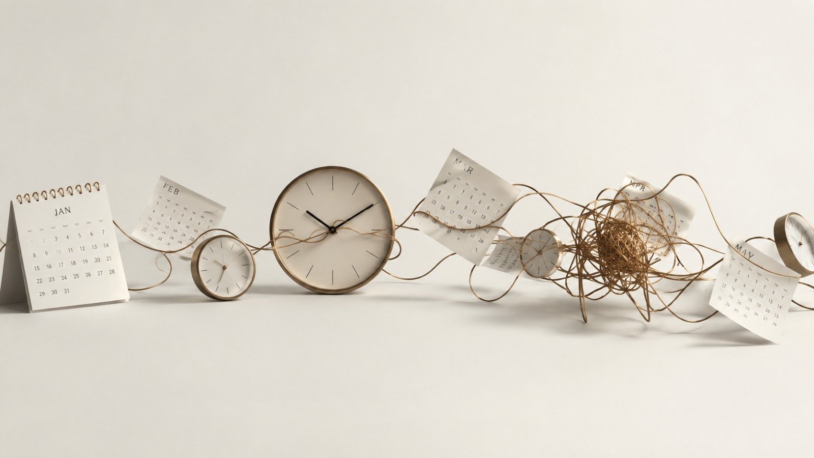 Calendar pages and clocks linked by a thin golden wire that gradually tangles into a knot, on a soft neutral background.