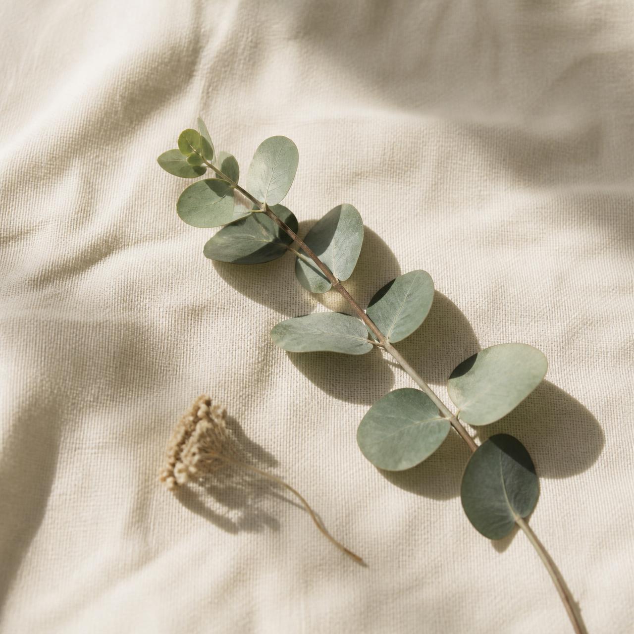 Eucalyptus sprig on cream linen